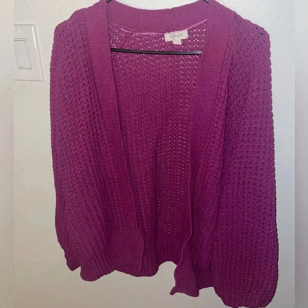 Style & Co. women's purple chunky cable knit open front cardigan sweater size XL